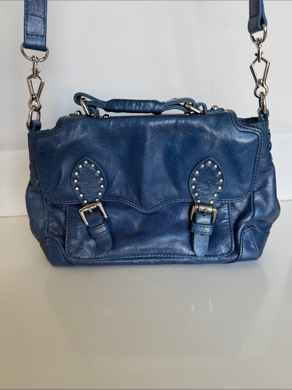Rebecca Minkoff Leather Crossbody Satchel Bag in Navy Blue